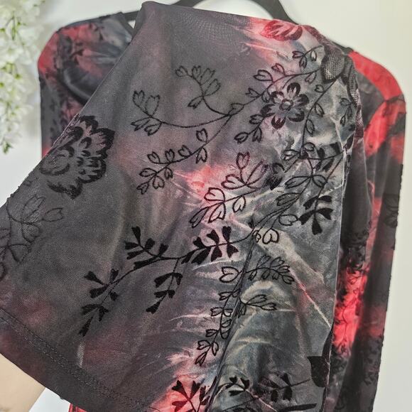 Cato Floral Red Black Burnout Top Sz Large Sheer Gothic Romantic Stretch Blouse - Picture 6 of 14